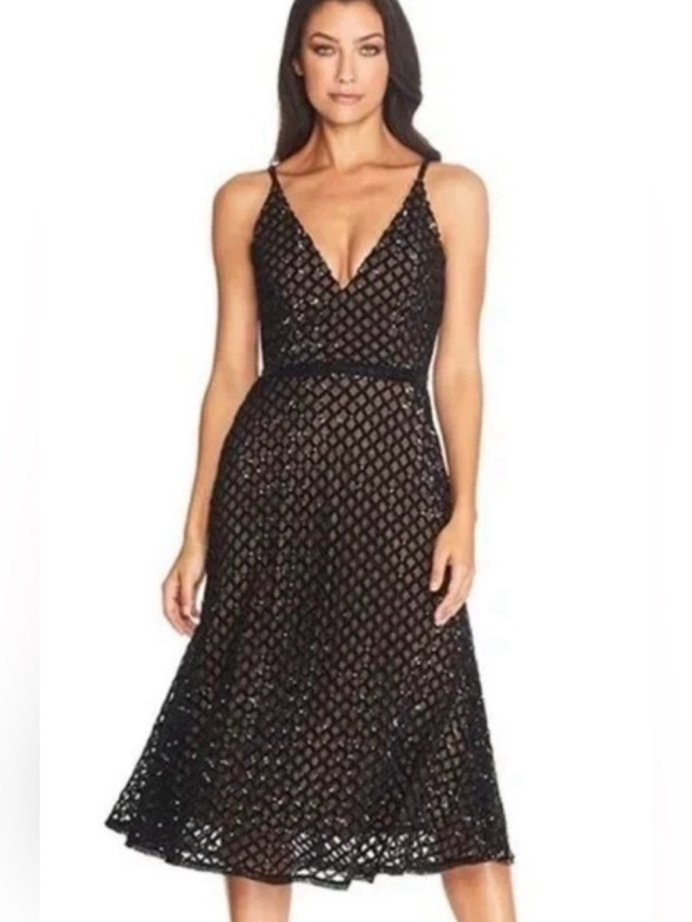 NEW Dress The Population Gracie Dress Small Black Nude Sequin Lattice Cocktail